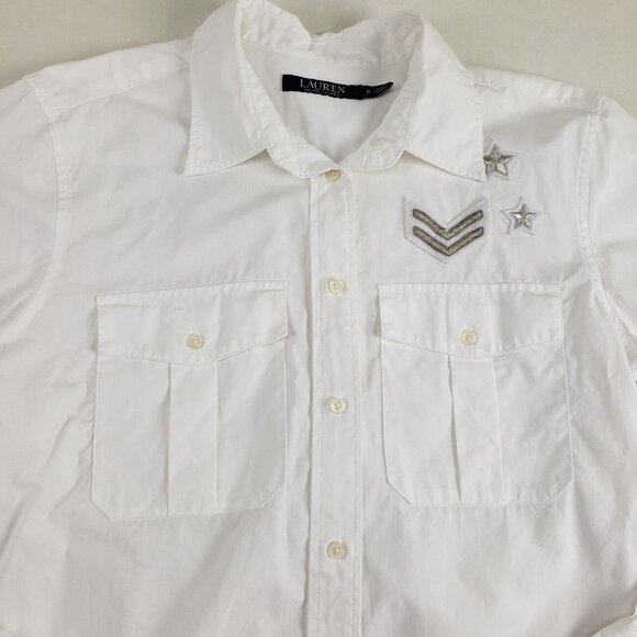 LAUREN RALPH LAUREN Military Style Shirt Womens Medium White Button Up Patches - Picture 2 of 10
